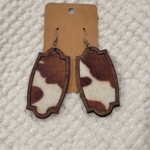 Boho Wood Brown and White Faux Cow Print Dangle Earrings New